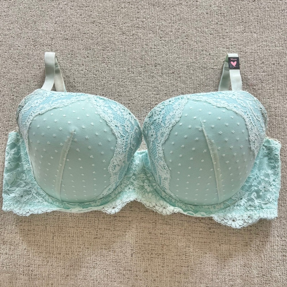 Victorias Secret Dream Angels Mint Green Lace Swiss Dot Lined Demi Bra 36DD
